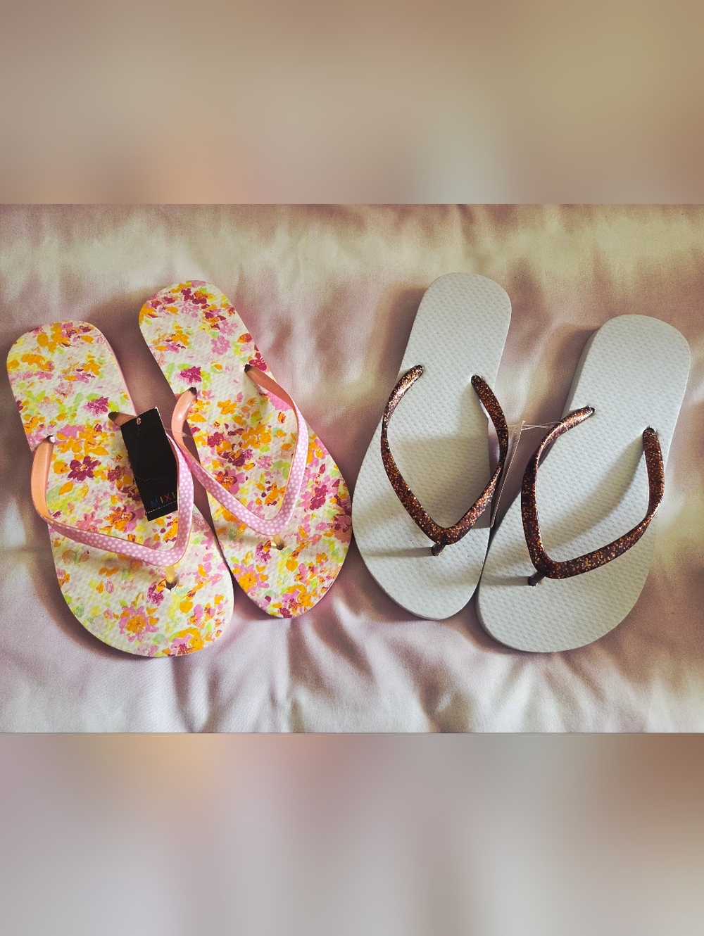 Floral Pink and White Flip Flop Duo - Pink Floral & White with Glitter Straps.